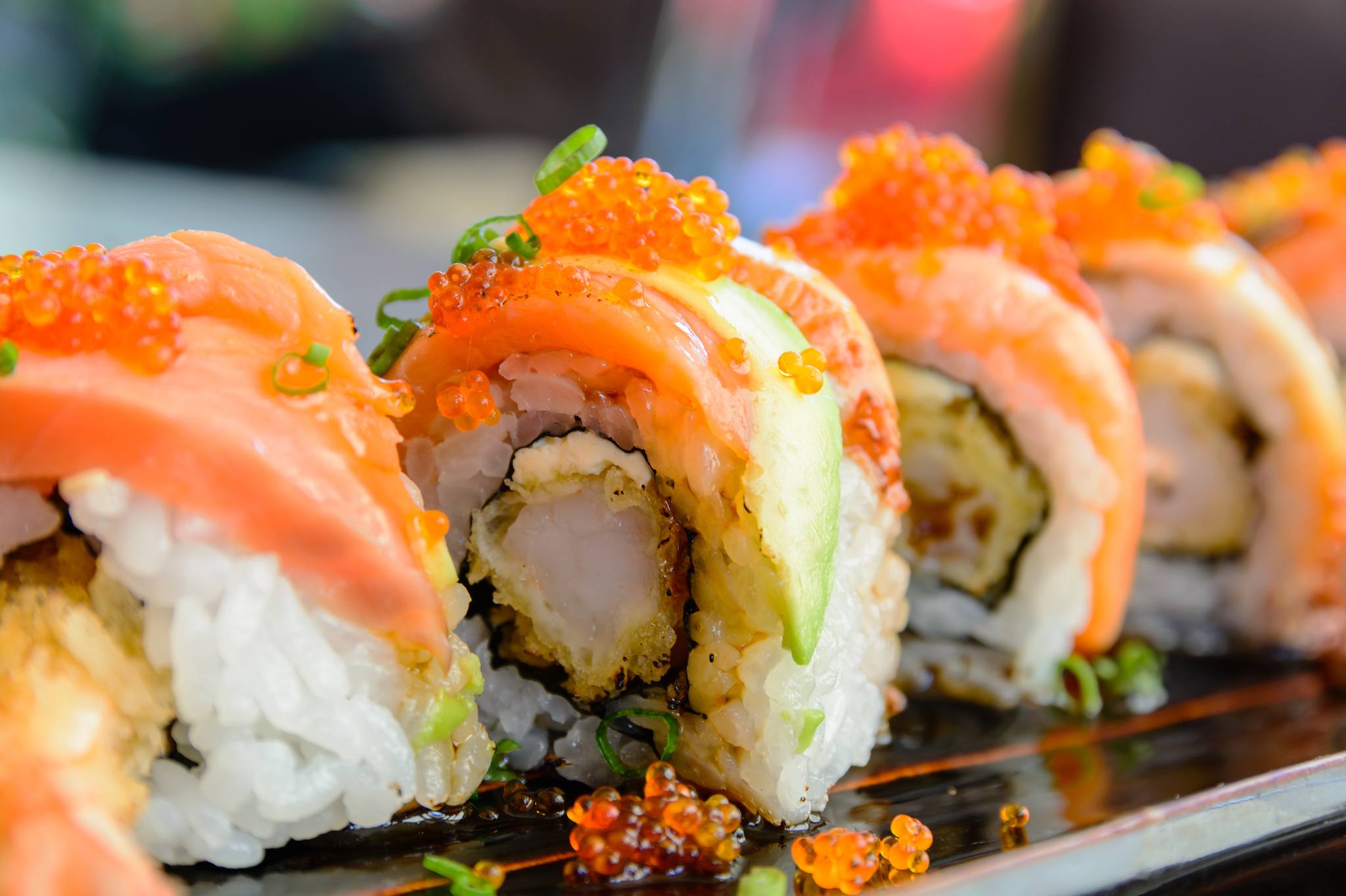 Sushi roll with salmon and shrimp tempura